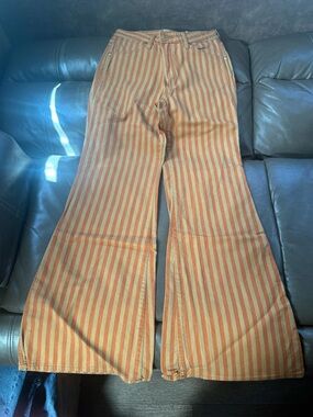 0007. Wrangler Burnt Orange & Tanish Gold Striped Wide Flare Jeans